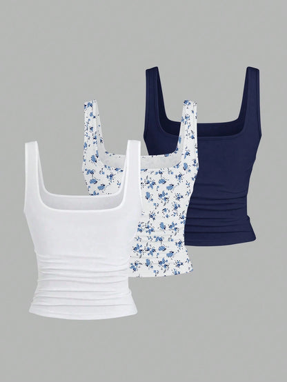 EMERY ROSE 3 Pack Plus Size Women Summer Casual Tank Top Set,Fashion Printed Round Neck Fitted Tops,Everyday Blue And White Floral And Solid Sleeveless Tops