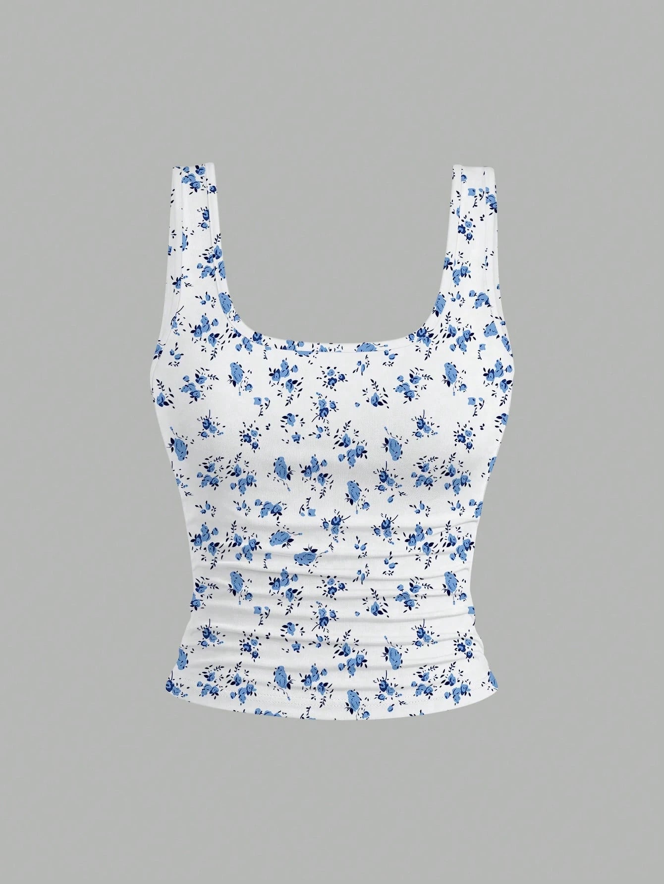 EMERY ROSE 3 Pack Plus Size Women Summer Casual Tank Top Set,Fashion Printed Round Neck Fitted Tops,Everyday Blue And White Floral And Solid Sleeveless Tops