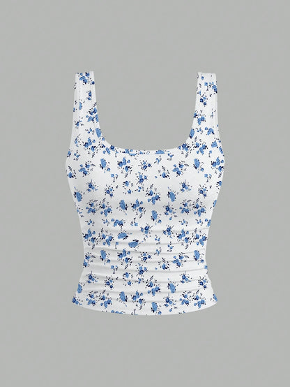 EMERY ROSE 3 Pack Plus Size Women Summer Casual Tank Top Set,Fashion Printed Round Neck Fitted Tops,Everyday Blue And White Floral And Solid Sleeveless Tops