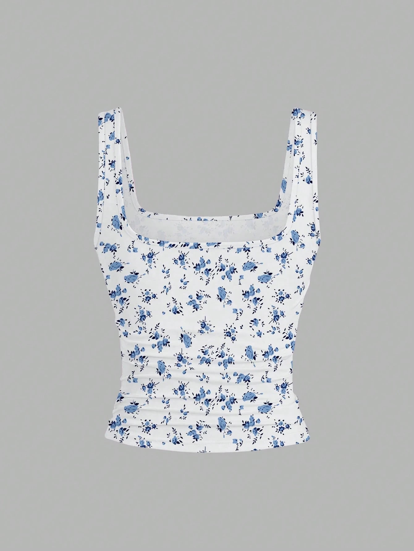 EMERY ROSE 3 Pack Plus Size Women Summer Casual Tank Top Set,Fashion Printed Round Neck Fitted Tops,Everyday Blue And White Floral And Solid Sleeveless Tops