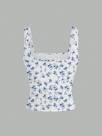 EMERY ROSE 3 Pack Plus Size Women Summer Casual Tank Top Set,Fashion Printed Round Neck Fitted Tops,Everyday Blue And White Floral And Solid Sleeveless Tops