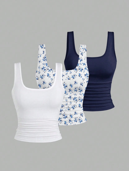 EMERY ROSE 3 Pack Plus Size Women Summer Casual Tank Top Set,Fashion Printed Round Neck Fitted Tops,Everyday Blue And White Floral And Solid Sleeveless Tops