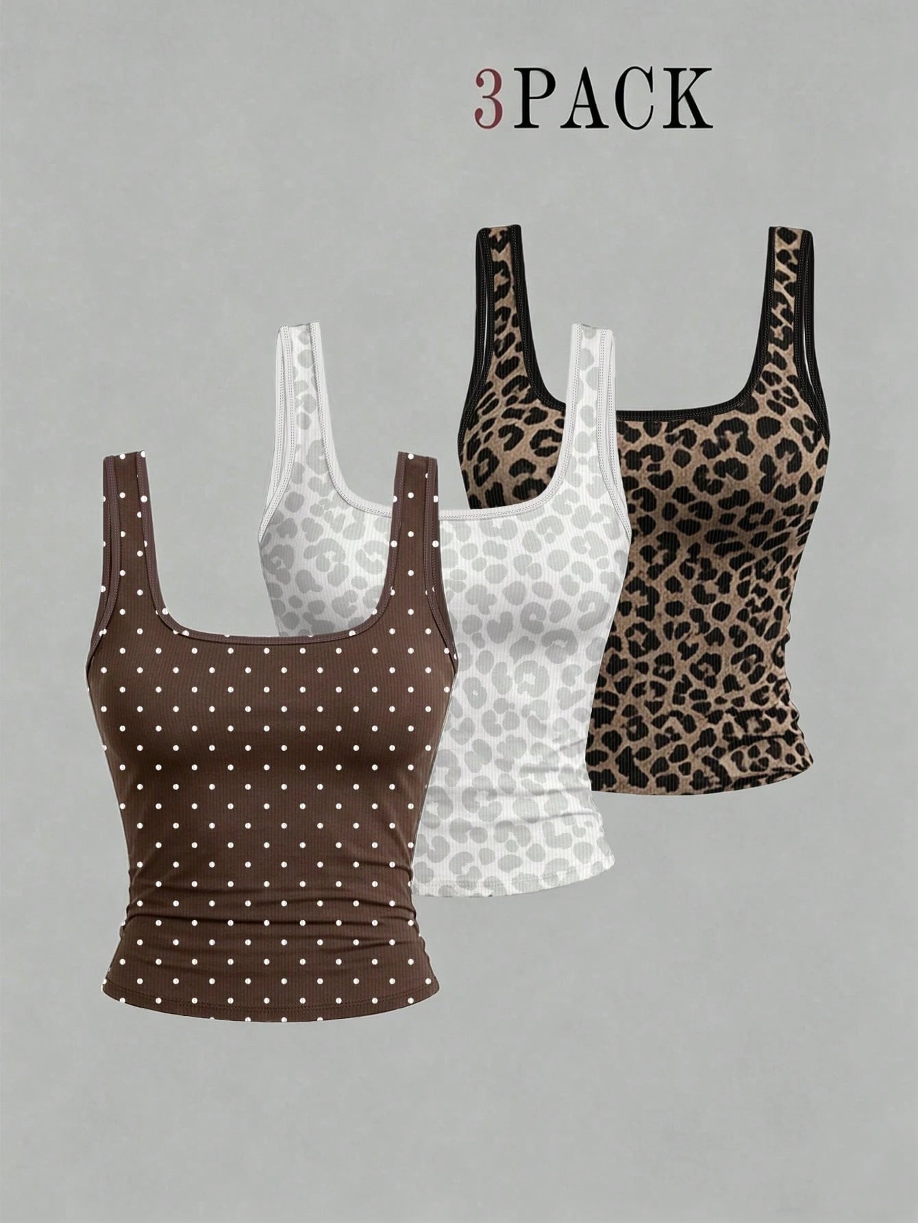 EMERY ROSE 3pcs Plus Size Women's Casual Polka Dot & Leopard Pattern Printed Sleeveless Vest Set, Summer