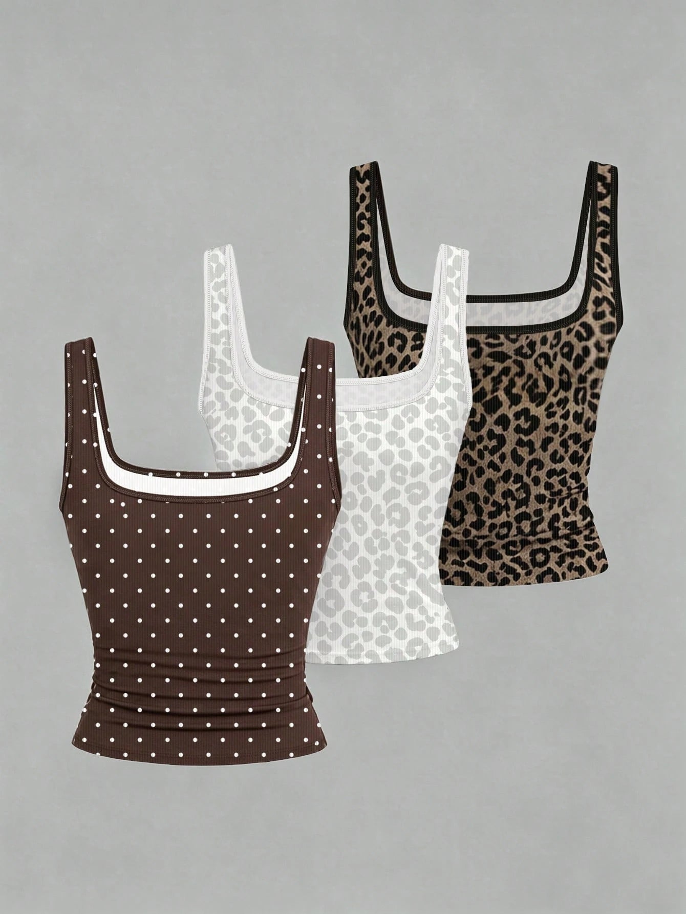 EMERY ROSE 3pcs Plus Size Women's Casual Polka Dot & Leopard Pattern Printed Sleeveless Vest Set, Summer