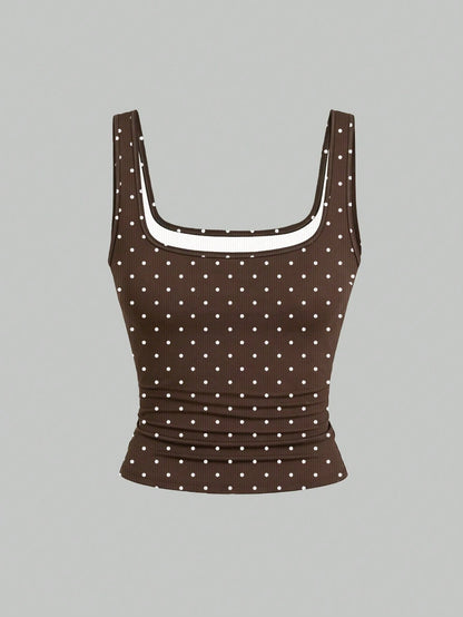 EMERY ROSE 3pcs Plus Size Women's Casual Polka Dot & Leopard Pattern Printed Sleeveless Vest Set, Summer