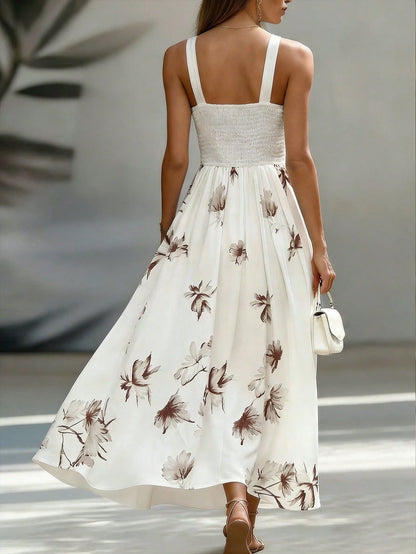 EMERY ROSE AB Patchwork V-Neck Sleeveless Waist Cinched Elegant Midi Dress, Suitable For Work & Vacation