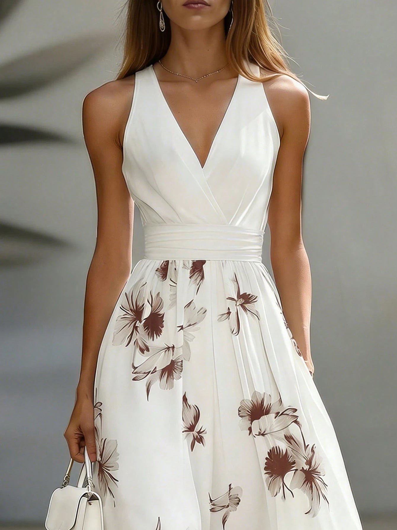 EMERY ROSE AB Patchwork V-Neck Sleeveless Waist Cinched Elegant Midi Dress, Suitable For Work & Vacation