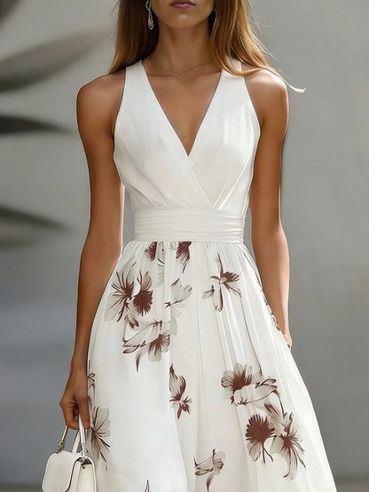 EMERY ROSE AB Patchwork V-Neck Sleeveless Waist Cinched Elegant Midi Dress, Suitable For Work & Vacation