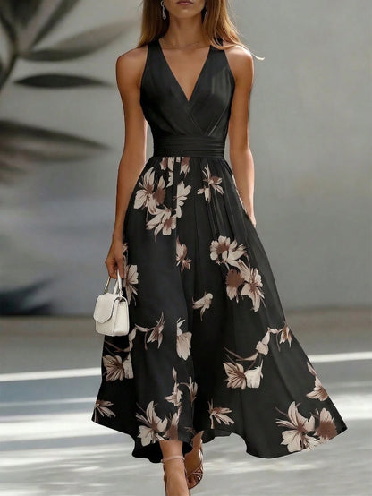 EMERY ROSE AB Patchwork V-Neck Sleeveless Waist Cinched Elegant Midi Dress, Suitable For Work & Vacation