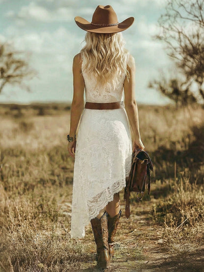 EMERY ROSE Bohemian Vacation Style Western Festival Lace Fitted Elegant Midi Dress For Women
