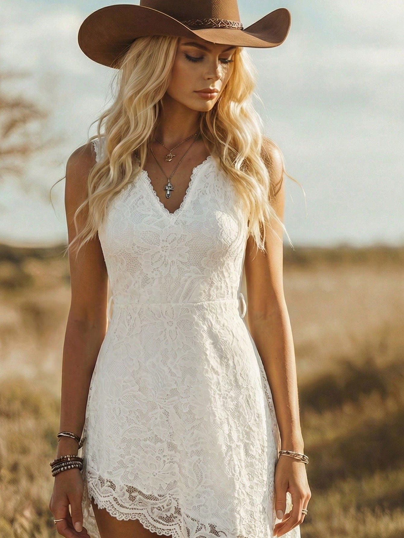 EMERY ROSE Bohemian Vacation Style Western Festival Lace Fitted Elegant Midi Dress For Women