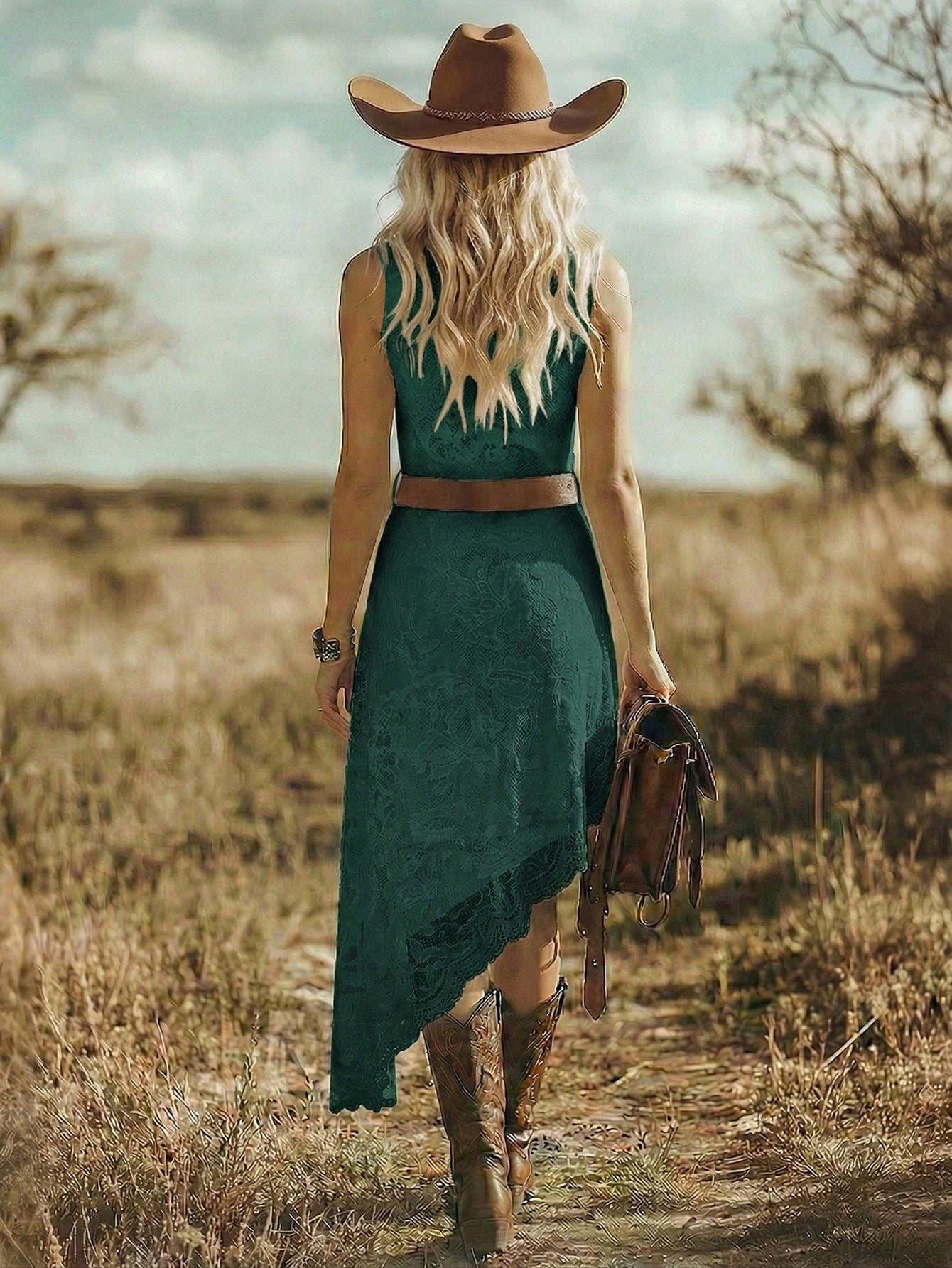 EMERY ROSE Bohemian Vacation Style Western Festival Lace Fitted Elegant Midi Dress For Women