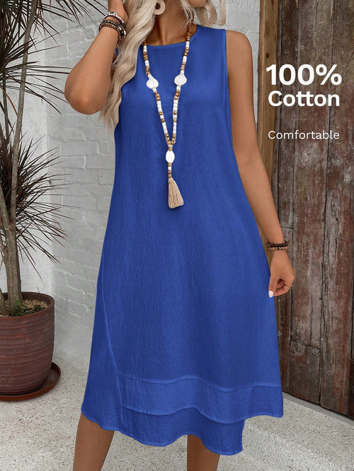 EMERY ROSE Casual Cotton Sleeveless Round Neck A-Line Dress For Summer White Dress,Summer Dresses For Women