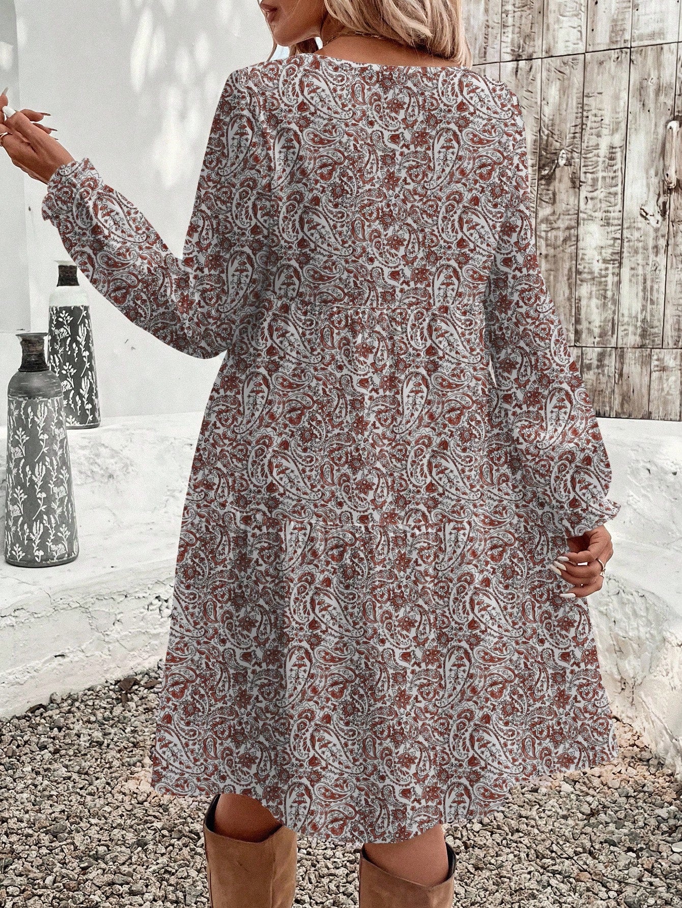 EMERY ROSE Casual Minimalist Cashew Flower Elegant Women's Mid-Length Dress, Autumn/Winter Boho Dress Women,Casual