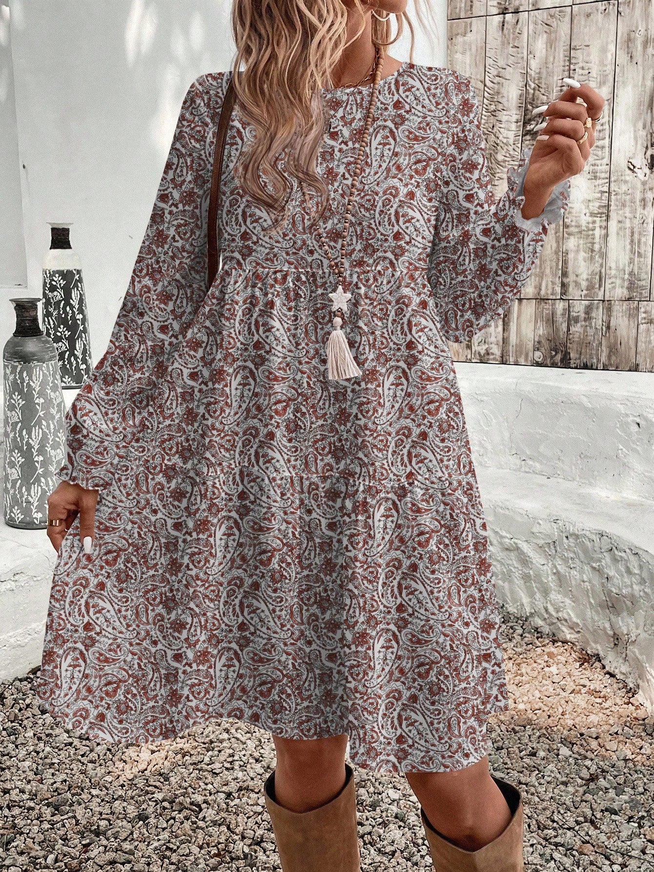 EMERY ROSE Casual Minimalist Cashew Flower Elegant Women's Mid-Length Dress, Autumn/Winter Boho Dress Women,Casual