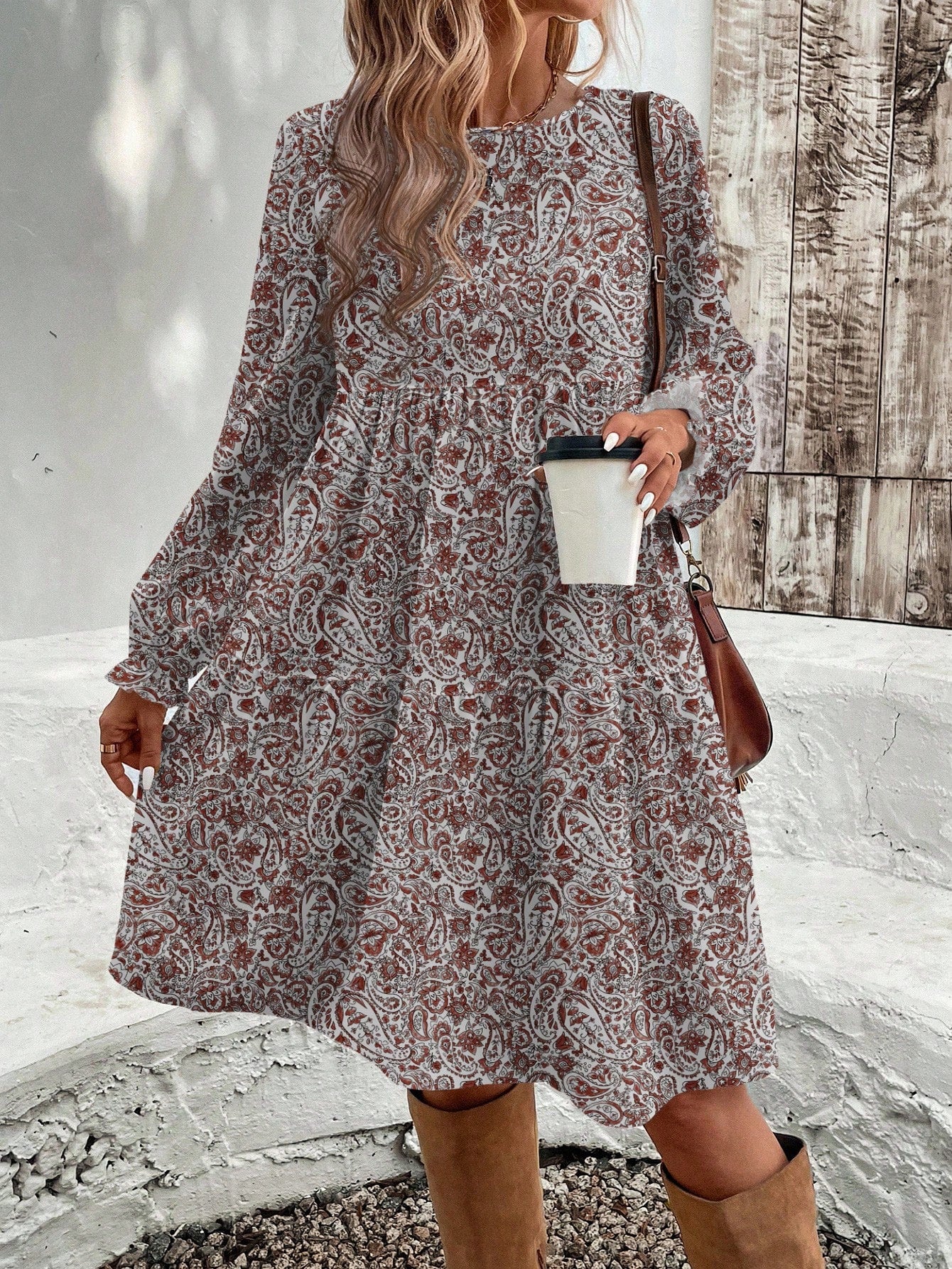 EMERY ROSE Casual Minimalist Cashew Flower Elegant Women's Mid-Length Dress, Autumn/Winter Boho Dress Women,Casual