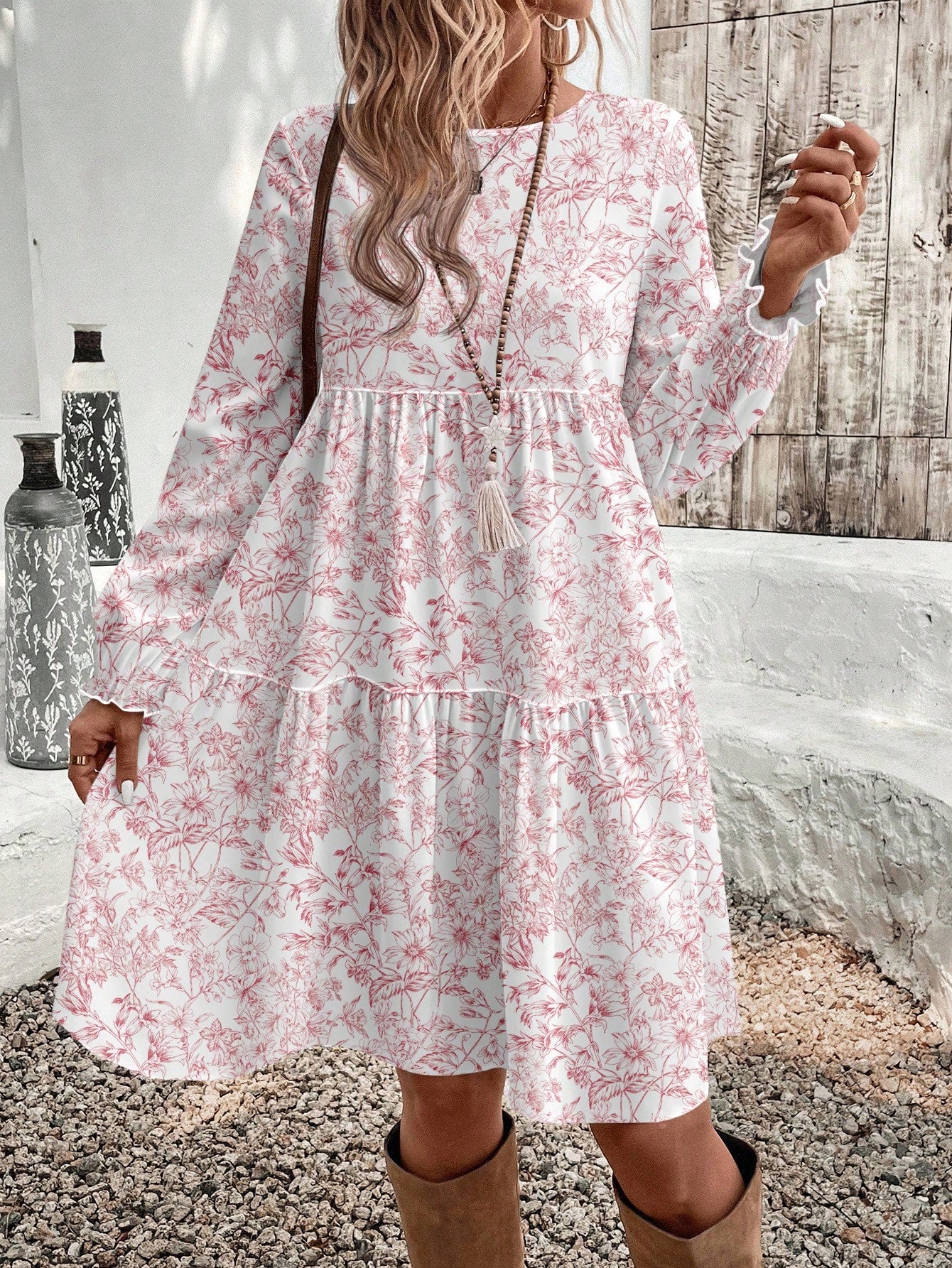 EMERY ROSE Casual Minimalist Cashew Flower Elegant Women's Mid-Length Dress, Autumn/Winter Boho Dress Women,Casual