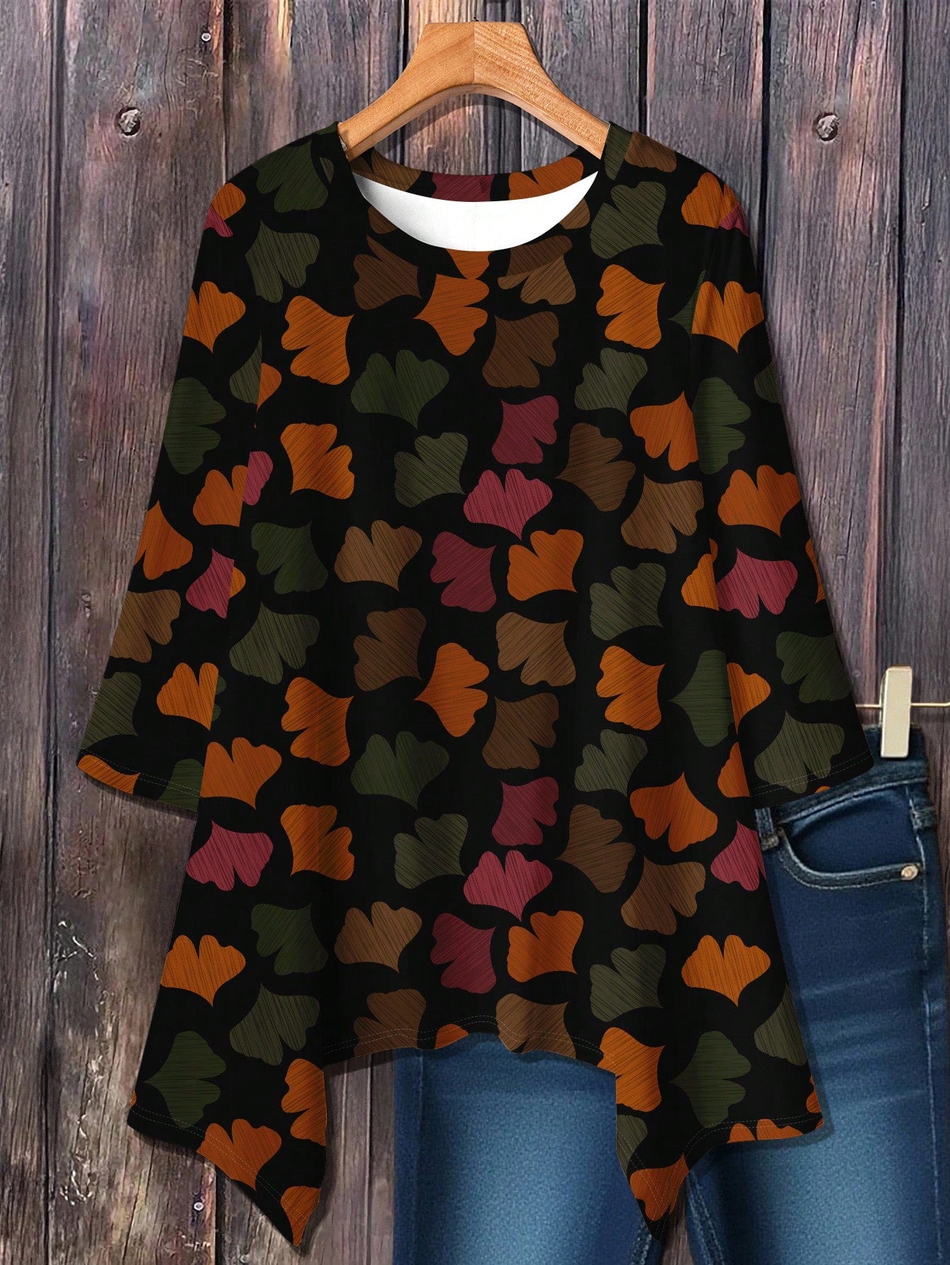 EMERY ROSE Casual Minimalist Ginkgo Leaf Print Plus Size Crew Neck Long Sleeve Loose T-Shirt, Suitable For Autumn/Winter Fall