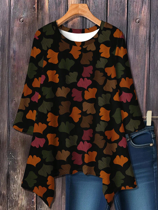 EMERY ROSE Casual Minimalist Ginkgo Leaf Print Plus Size Crew Neck Long Sleeve Loose T-Shirt, Suitable For Autumn/Winter Fall