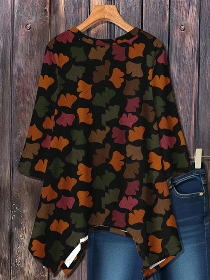 EMERY ROSE Casual Minimalist Ginkgo Leaf Print Plus Size Crew Neck Long Sleeve Loose T-Shirt, Suitable For Autumn/Winter Fall