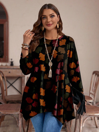 EMERY ROSE Casual Minimalist Ginkgo Leaf Print Plus Size Crew Neck Long Sleeve Loose T-Shirt, Suitable For Autumn/Winter Fall