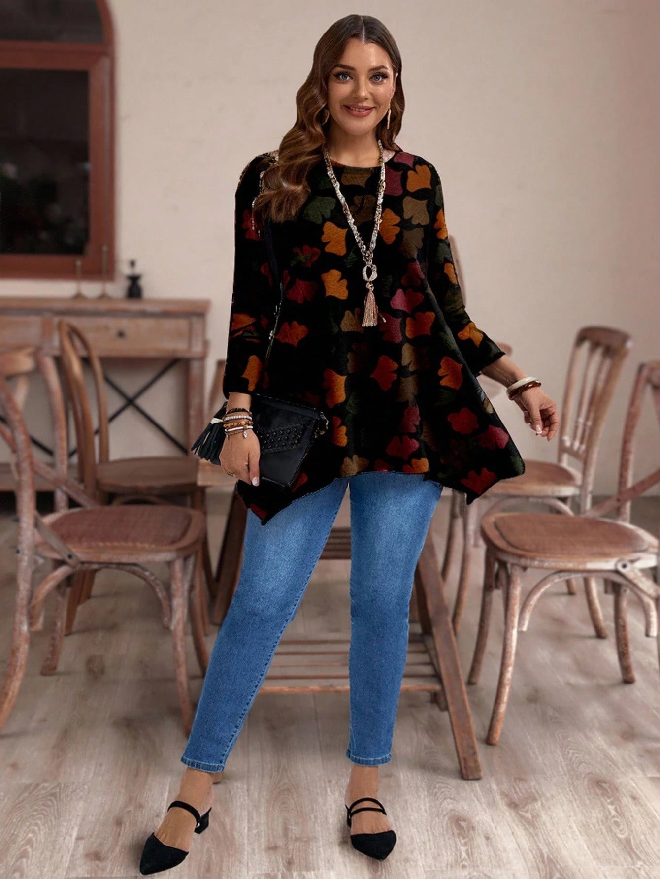 EMERY ROSE Casual Minimalist Ginkgo Leaf Print Plus Size Crew Neck Long Sleeve Loose T-Shirt, Suitable For Autumn/Winter Fall