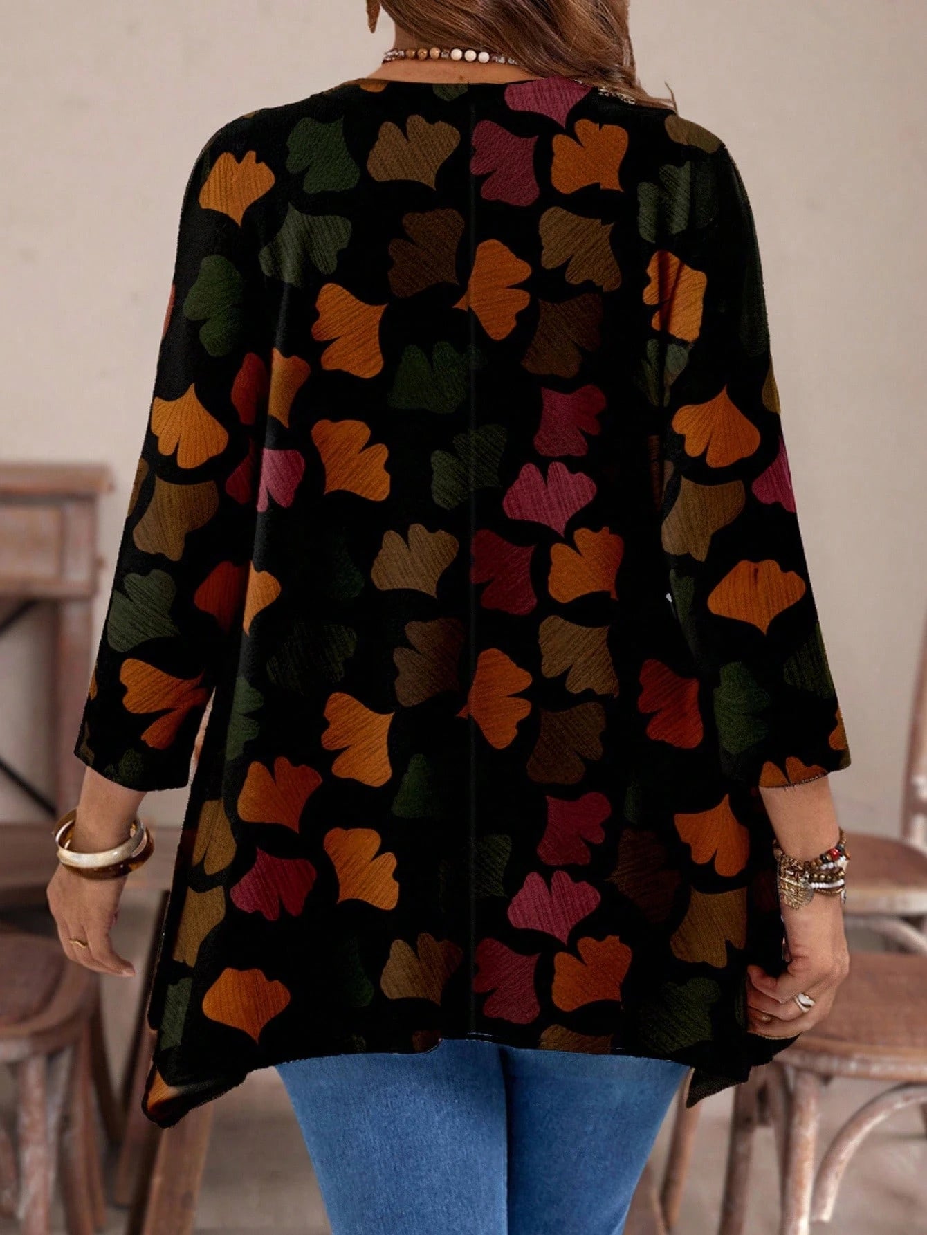 EMERY ROSE Casual Minimalist Ginkgo Leaf Print Plus Size Crew Neck Long Sleeve Loose T-Shirt, Suitable For Autumn/Winter Fall