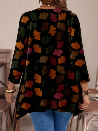 EMERY ROSE Casual Minimalist Ginkgo Leaf Print Plus Size Crew Neck Long Sleeve Loose T-Shirt, Suitable For Autumn/Winter Fall