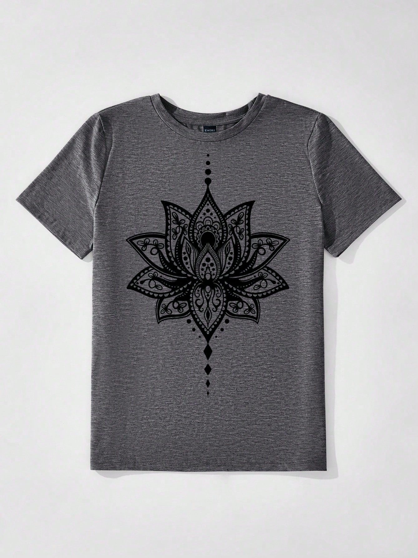 EMERY ROSE Casual Minimalist Lotus Print Round Neck Short Sleeve Form-Fitting Plus Size T-Shirt For Women, Suitable For Summer Suitable For Going Out
