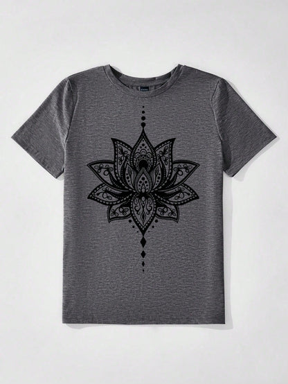 EMERY ROSE Casual Minimalist Lotus Print Round Neck Short Sleeve Form-Fitting Plus Size T-Shirt For Women, Suitable For Summer Suitable For Going Out