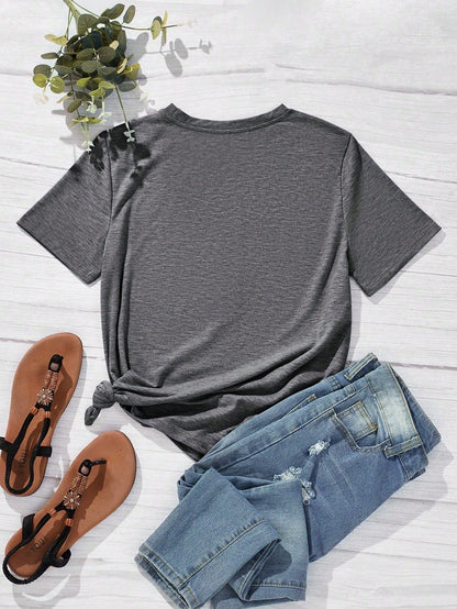 EMERY ROSE Casual Minimalist Lotus Print Round Neck Short Sleeve Form-Fitting Plus Size T-Shirt For Women, Suitable For Summer Suitable For Going Out