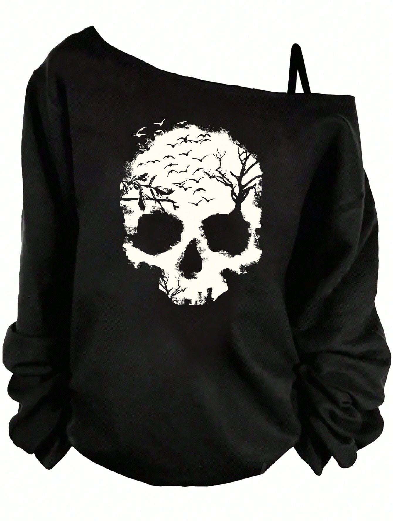 EMERY ROSE Casual Simple Skull Print Plus Size Women Asymmetrical Shoulder Strap T-Shirt, Spring/,Vacation Fall