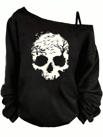 EMERY ROSE Casual Simple Skull Print Plus Size Women Asymmetrical Shoulder Strap T-Shirt, Spring/,Vacation Fall