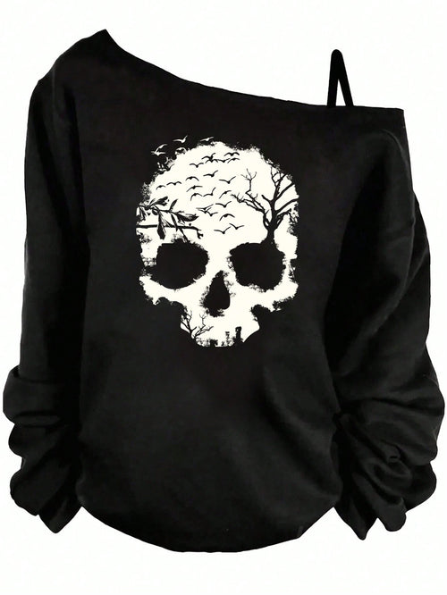 EMERY ROSE Casual Simple Skull Print Plus Size Women Asymmetrical Shoulder Strap T-Shirt, Spring/,Vacation Fall
