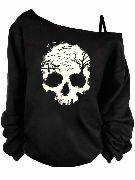 EMERY ROSE Casual Simple Skull Print Plus Size Women Asymmetrical Shoulder Strap T-Shirt, Spring/,Vacation Fall