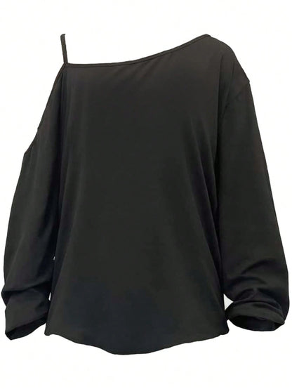 EMERY ROSE Casual Simple Skull Print Plus Size Women Asymmetrical Shoulder Strap T-Shirt, Spring/,Vacation Fall