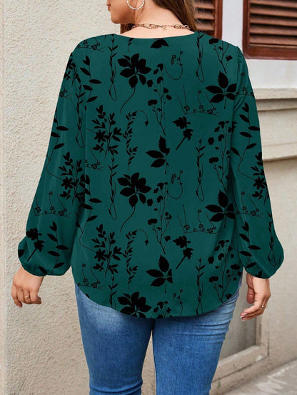 EMERY ROSE Casual Vintage Floral Pattern V-Neck Lantern Sleeve Loose Fit Plus Size Blouse, Suitable For Spring & Autumn And Winter Chic Blouses For Women Fall