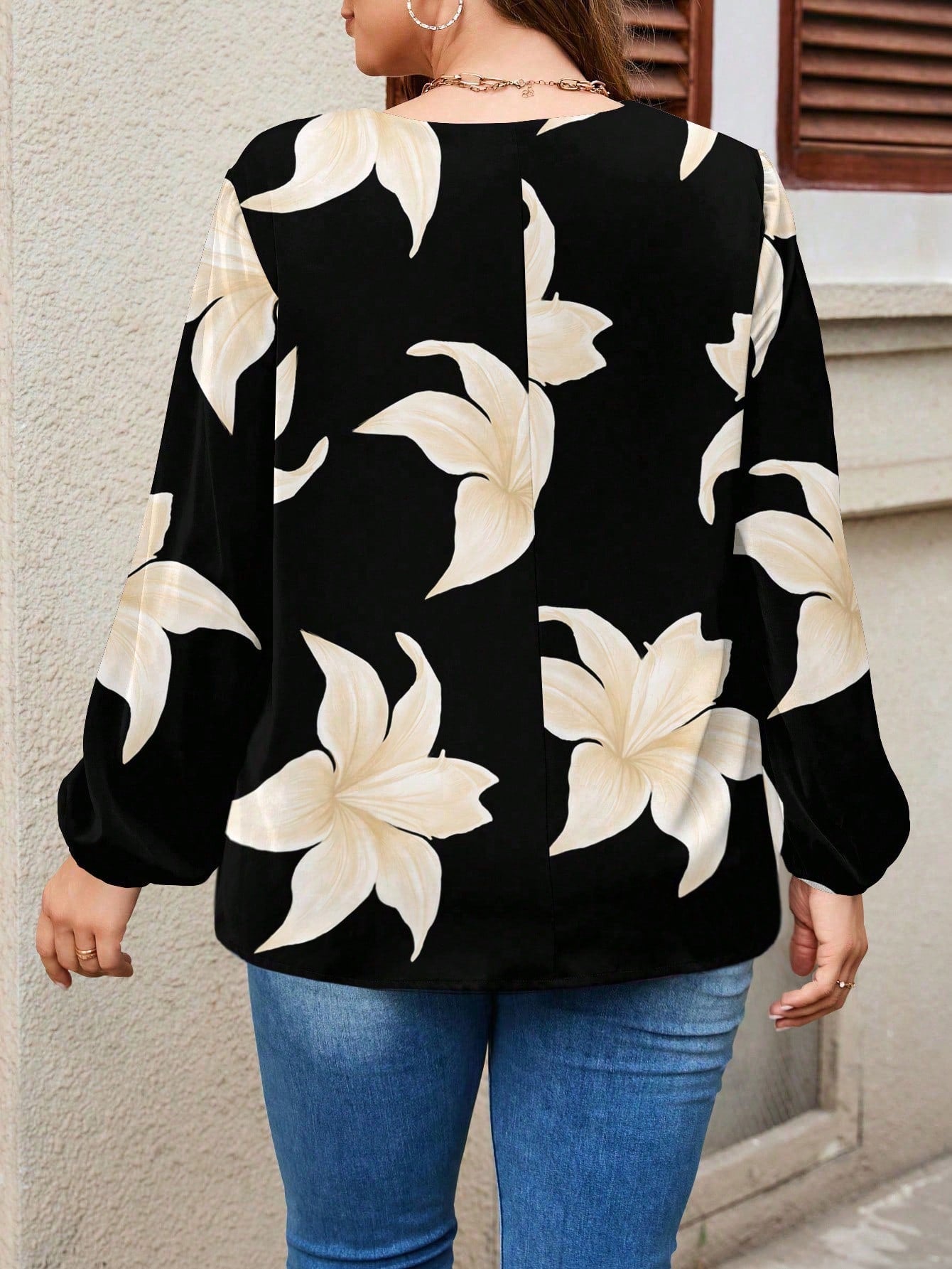 EMERY ROSE Casual Vintage Floral Pattern V-Neck Lantern Sleeve Loose Fit Plus Size Blouse, Suitable For Spring & Autumn And Winter Chic Blouses For Women Fall