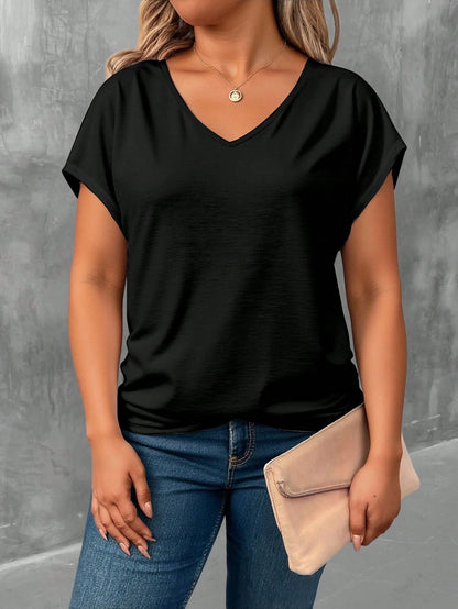 EMERY ROSE Deep Lake Green V-Neck Short Sleeve Plus Size T-Shirt, V-Neck Batwing Sleeve Design