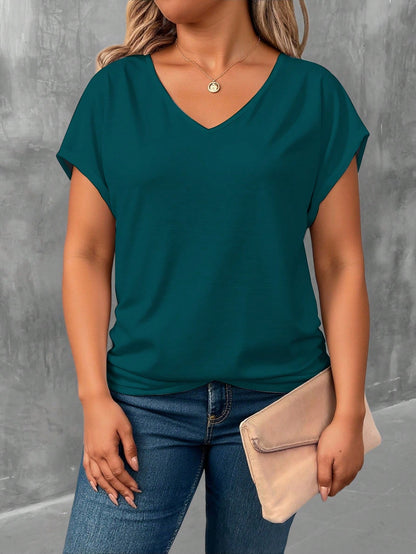 EMERY ROSE Deep Lake Green V-Neck Short Sleeve Plus Size T-Shirt, V-Neck Batwing Sleeve Design