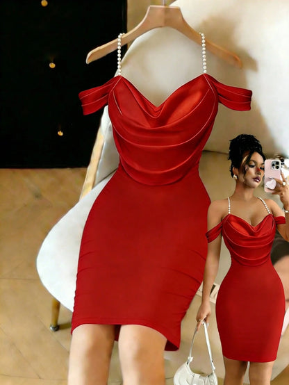 EMERY ROSE Fitted Sexy Ruched Open Shoulder Beaded Midi Dress For Women