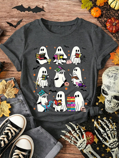 EMERY ROSE Funny Ghost Book Reading Halloween Books Lover Teacher T-Shirt Funny Women's T-Shirt