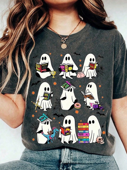 EMERY ROSE Funny Ghost Book Reading Halloween Books Lover Teacher T-Shirt Funny Women's T-Shirt