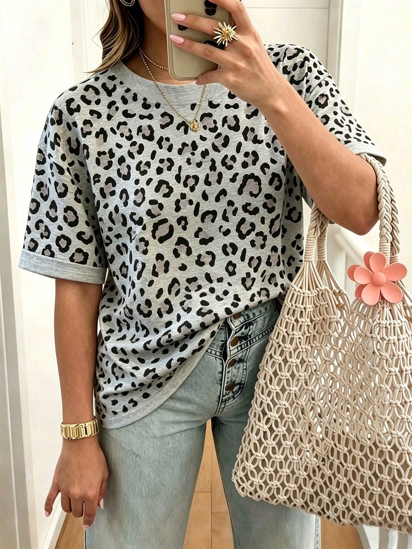 EMERY ROSE Grey Leopard Print Crew Neck Short Sleeve Top, Casual And Comfortable Spring/Summer Style