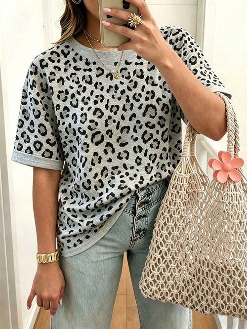 EMERY ROSE Grey Leopard Print Crew Neck Short Sleeve Top, Casual And Comfortable Spring/Summer Style