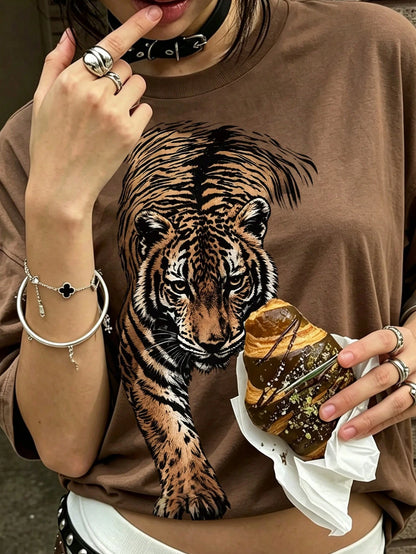 EMERY ROSE Grey Leopard Print Crew Neck Short Sleeve Top, Casual And Comfortable Spring/Summer Style