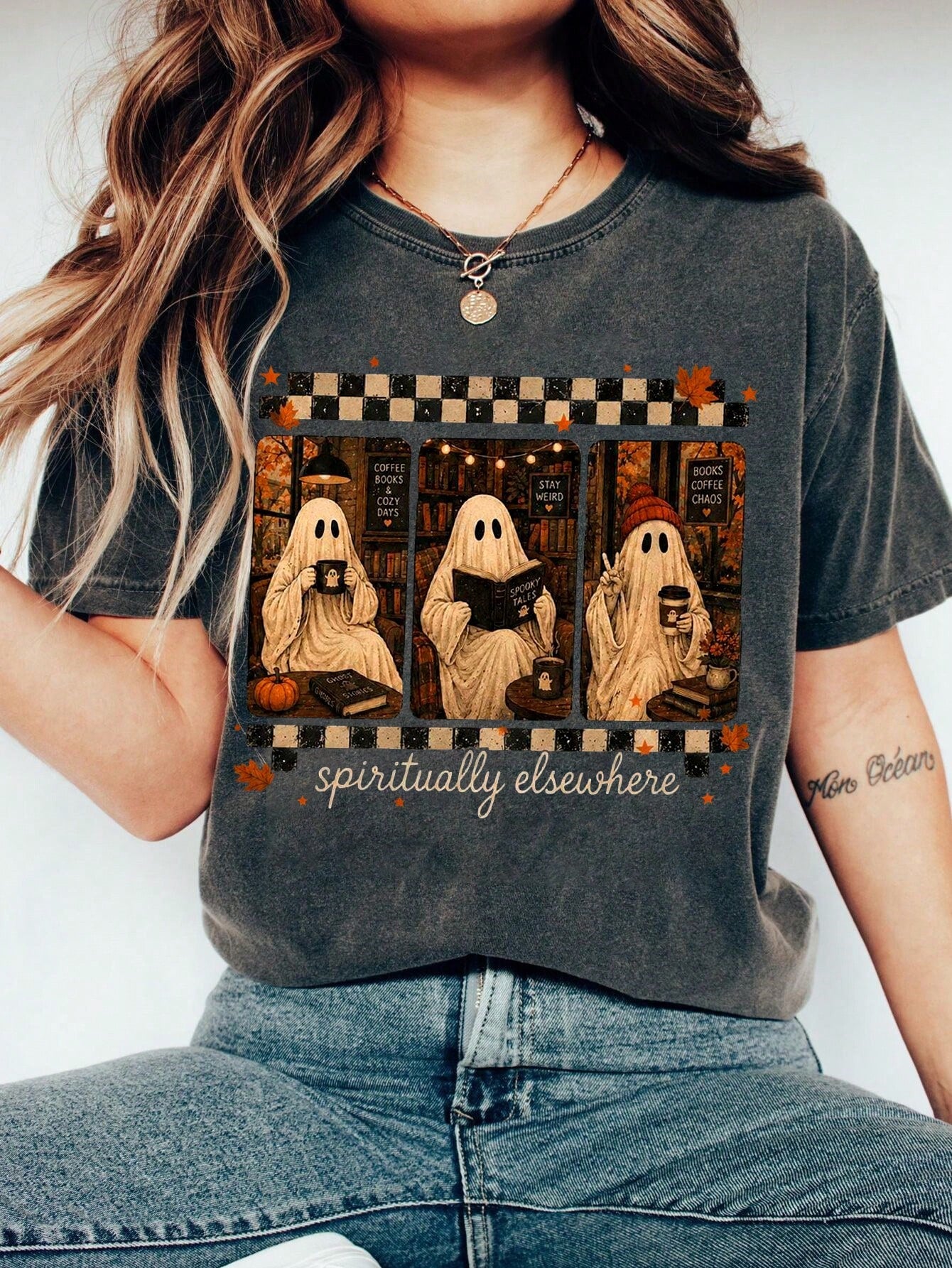 EMERY ROSE Halloween Ghost Print Crew Neck Short Sleeve T-Shirt