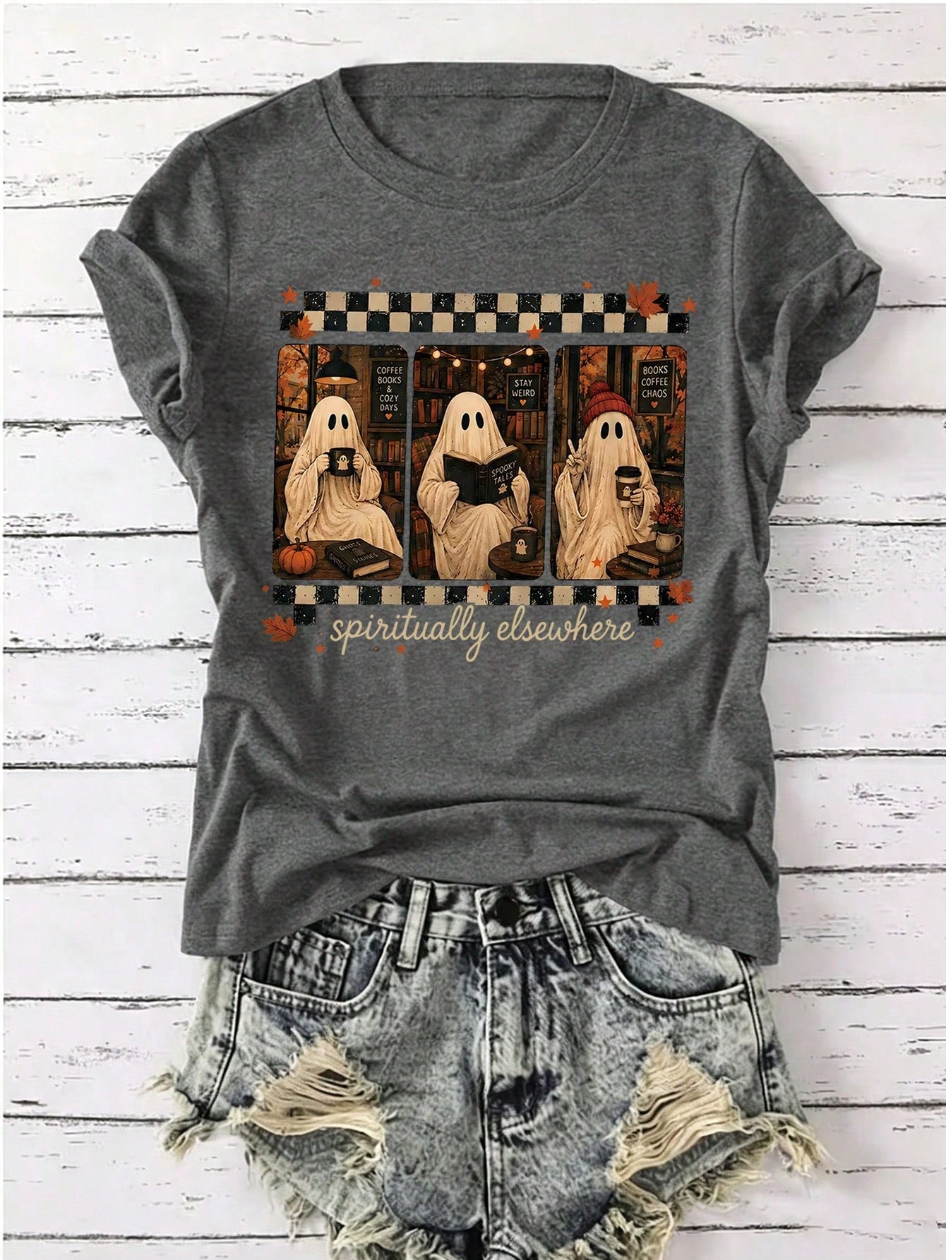 EMERY ROSE Halloween Ghost Print Crew Neck Short Sleeve T-Shirt