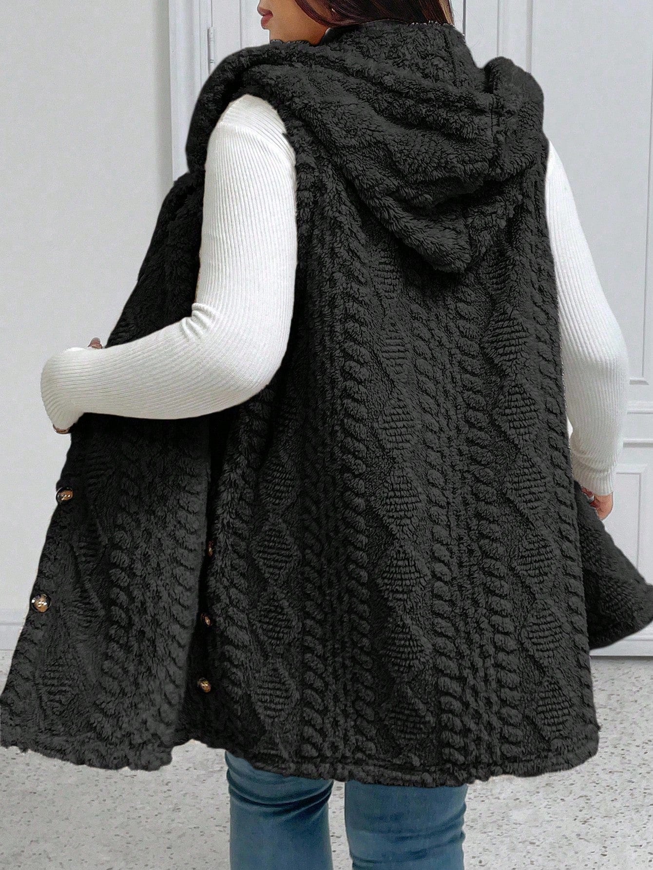EMERY ROSE Halloween Plus Size Casual Fluffy Jacquard Solid Color Thick Open Front Hooded Single-Breasted Versatile Vest Jacket Winter Fall Autumn