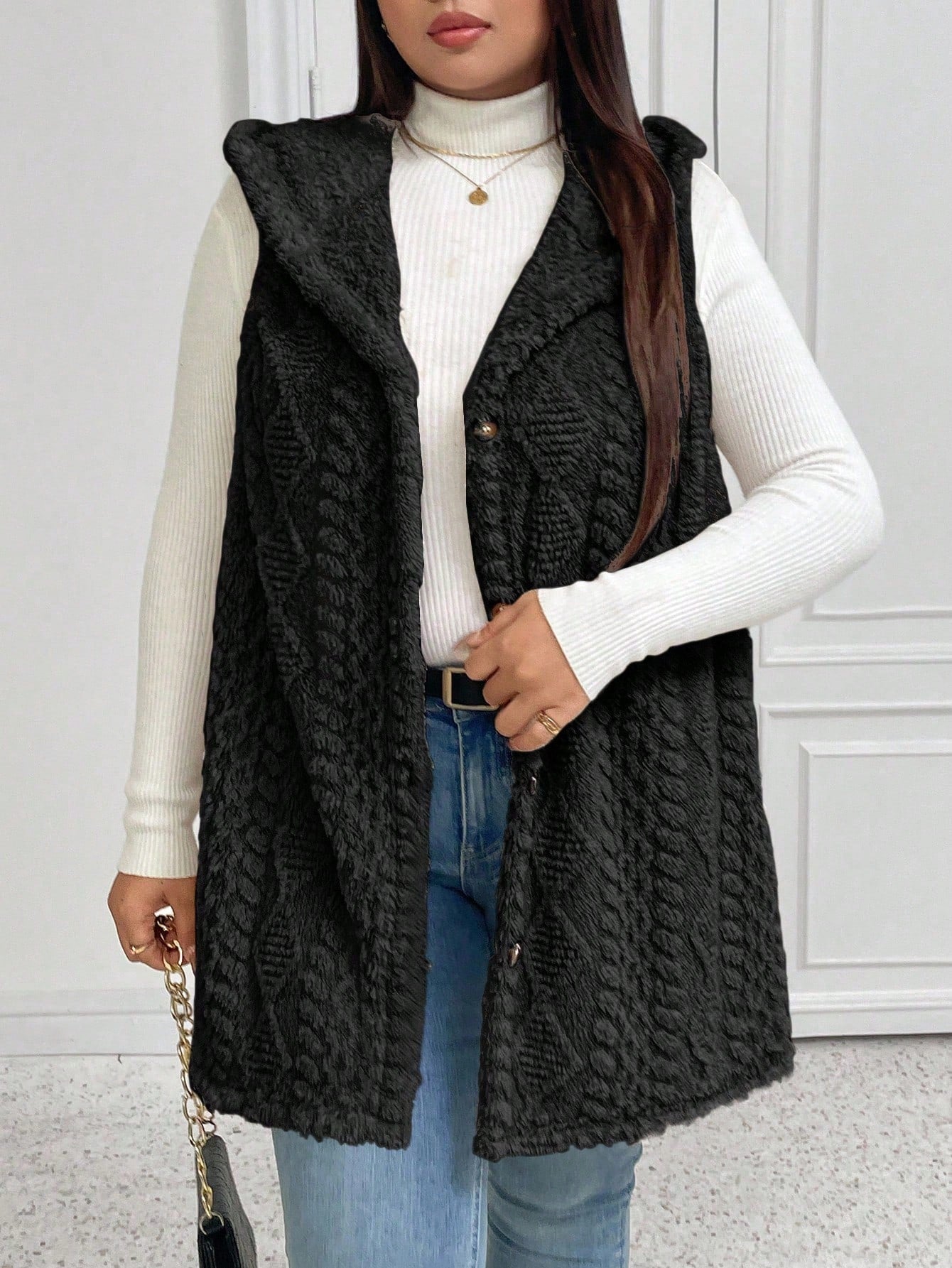 EMERY ROSE Halloween Plus Size Casual Fluffy Jacquard Solid Color Thick Open Front Hooded Single-Breasted Versatile Vest Jacket Winter Fall Autumn